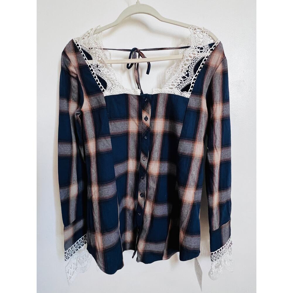 Joyfolie Plaid Lace Trim Peasant Blouse Top Small Sample Boho Cottagecore S
